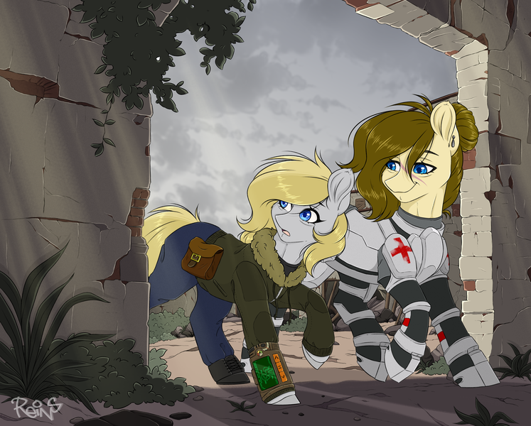 Size: 5600x4500 | Tagged: safe, artist:reins, derpibooru import, oc, oc:dusty heartwood, oc:heartline, earth pony, pony, fallout equestria, alternate hairstyle, apocalypse, armor, armored pony, blonde, blonde mane, blonde tail, blue eyes, brown mane, ear piercing, earring, earth pony oc, facial scar, fallout equestria oc, female, gray coat, hair bun, image, jewelry, medic, piercing, pipbuck, png, red cross, ruins, scar, sibling bonding, siblings, sisters, stable (vault), tail, tan coat