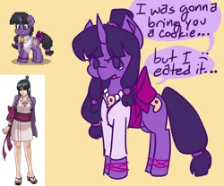 Size: 2048x1707 | Tagged: safe, artist:mimzyymay, ponified, human, pony, unicorn, pony town, ace attorney, black hair, black mane, crossover, image, jpeg, magatama, mane bun, maya fey, purple coat, reference, teary eyes