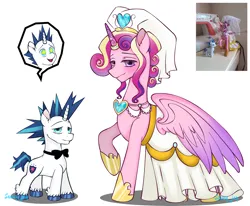 Size: 3720x3068 | Tagged: safe, artist:snowflakefrostyt, derpibooru import, princess cadance, shining armor, pony, clothes, dress, image, meme, png, the bride and the ugly ass groom, wedding dress