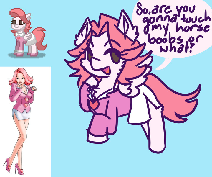 Size: 2048x1707 | Tagged: safe, artist:mimzyymay, ponified, human, pegasus, pony, pony town, ace attorney, april may, clothes, high heels, image, jpeg, pink hair, pink mane, reference, shoes, skirt, solo, vest, whip, white coat
