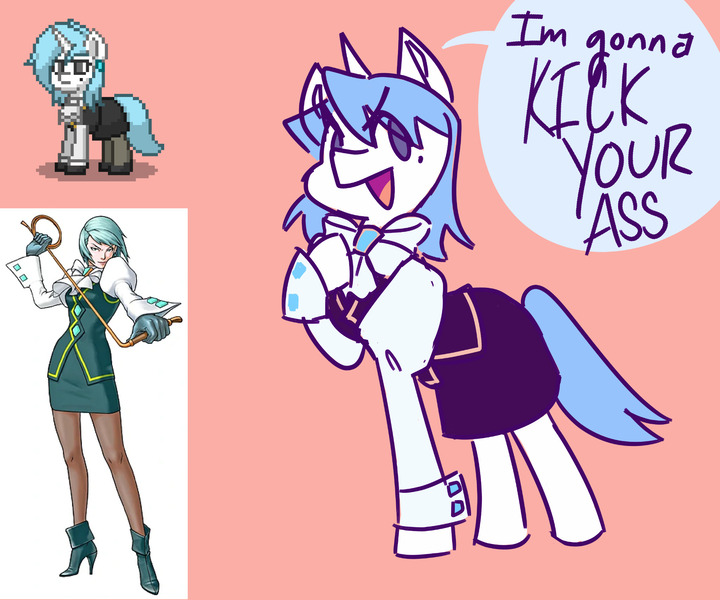 Size: 2048x1707 | Tagged: safe, artist:mimzyymay, ponified, human, pony, unicorn, pony town, ace attorney, boots, bowtie, clothes, franziska von karma, high heel boots, image, jewelry, jpeg, light blue hair, light blue mane, mole, puffy sleeves, reference, shoes, skirt, solo, vest, whip, white coat