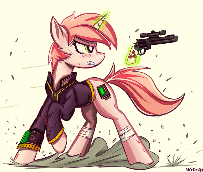 Size: 2300x1950 | Tagged: safe, artist:weiling, derpibooru import, oc, oc:littlepip, unofficial characters only, pony, unicorn, fallout equestria, clothes, fanfic art, female, glow, glowing horn, gun, handgun, horn, image, jumpsuit, little macintosh, mare, pistol, png, revolver, simple background, solo, vault suit, weapon
