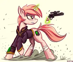 Size: 2300x1950 | Tagged: safe, artist:weiling, derpibooru import, oc, oc:littlepip, unofficial characters only, pony, unicorn, fallout equestria, clothes, fanfic art, female, glow, glowing horn, gun, handgun, horn, image, jumpsuit, little macintosh, mare, pistol, png, revolver, simple background, solo, vault suit, weapon