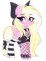 Size: 1394x1840 | Tagged: safe, artist:emberslament, derpibooru import, oc, oc:bay breeze, unofficial characters only, pegasus, pony, blushing, bow, bracelet, choker, clothes, cute, ear piercing, eyebrow piercing, eyeliner, eyeshadow, female, fishnet clothing, fishnets, goth, hair bow, heart, heart eyes, image, jewelry, lip piercing, long mane, makeup, mare, necklace, pegasus oc, piercing, png, shirt, snake bites, socks, stockings, striped socks, tail, tail wrap, thigh highs, wingding eyes, wings