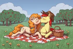 Size: 1824x1248 | Tagged: safe, ai content, derpibooru import, generator:autismmixpony, machine learning generated, stable diffusion, bright mac, pear butter, earth pony, pony, apple, apple tree, basket, blushing, brightbutter, cloud, cowboy hat, duo, duo male and female, eyes closed, female, flower, flower in hair, food, g4, grass, grass field, hat, image, kiss on the lips, kissing, lying down, male, mare, outdoors, picnic basket, picnic blanket, png, prompter:tyto4tme4l, prone, shipping, sky, stallion, stetson, straight, sweet apple acres, tree, unshorn fetlocks