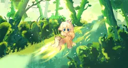 Size: 2160x1157 | Tagged: safe, artist:miwq, derpibooru import, oc, oc:tumbleweed, earth pony, pony, cute, derpibooru exclusive, forest, image, nature, png, sunlight, tree