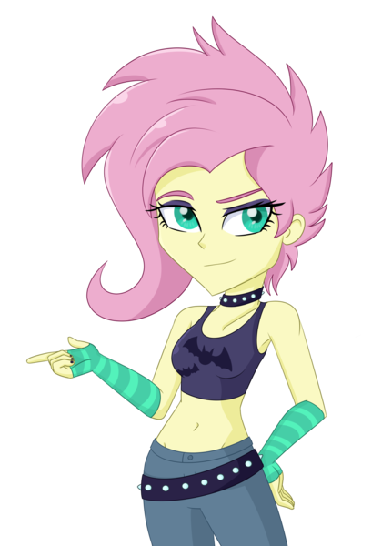 Size: 1420x2083 | Tagged: safe, artist:ravenwolf-bases, derpibooru import, fluttershy, equestria girls, equestria girls series, the road less scheduled, the road less scheduled: fluttershy, spoiler:eqg series (season 2), alternate hairstyle, belly button, belt, breasts, choker, clothes, denim, eyeshadow, female, fingerless gloves, flutterpunk, g4, gloves, image, jeans, makeup, midriff, pants, png, punk, simple background, solo, spiked choker, striped gloves, tanktop, transparent background