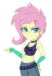 Size: 1420x2083 | Tagged: safe, artist:ravenwolf-bases, derpibooru import, fluttershy, equestria girls, equestria girls series, the road less scheduled, the road less scheduled: fluttershy, spoiler:eqg series (season 2), alternate hairstyle, belly button, belt, breasts, choker, clothes, denim, eyeshadow, female, fingerless gloves, flutterpunk, g4, gloves, image, jeans, makeup, midriff, pants, png, punk, simple background, solo, spiked choker, striped gloves, tanktop, transparent background