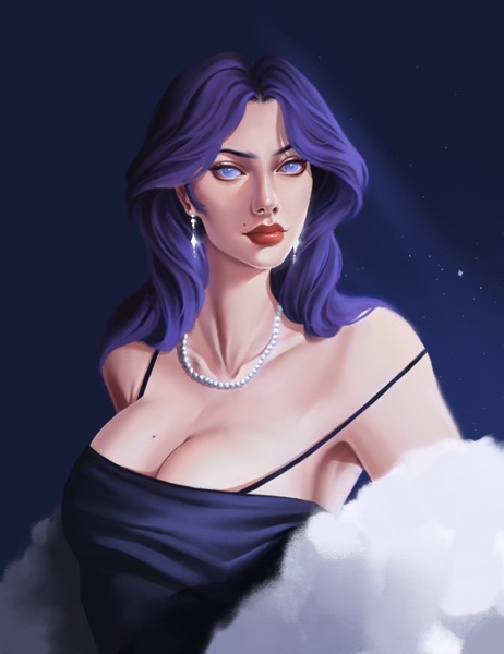 Size: 985x1280 | Tagged: safe, artist:llockdoown, derpibooru import, rarity, human, alternate hairstyle, armpits, breasts, busty rarity, clothes, dress, ear piercing, earring, eyeshadow, female, fur coat, humanized, image, jewelry, jpeg, lipstick, makeup, necklace, piercing, solo