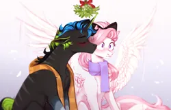 Size: 3444x2205 | Tagged: safe, artist:sparkling_light, derpibooru import, oc, pegasus, pony, unicorn, blushing, bow, clothes, eyes closed, female, horn, image, male, mistletoe, png, scarf, spread wings, wings