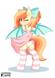 Size: 1448x2048 | Tagged: suggestive, artist:cottonaime, derpibooru import, oc, oc:sunshine drift, unofficial characters only, bat pony, pony, bat pony oc, bat wings, bipedal, blushing, bow, clothes, dress, ear fluff, embarrassed, female, hair bow, image, jpeg, looking back, mare, one eye closed, panties, pink dress, pink socks, ponytail, signature, simple background, skirt, socks, solo, solo female, spread wings, striped socks, underwear, upskirt, white underwear, wings