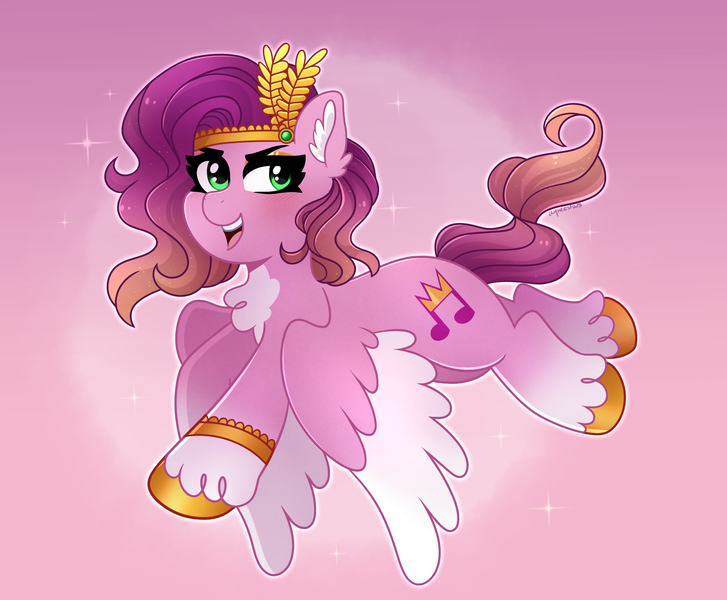 Size: 1996x1647 | Tagged: safe, artist:emera33, derpibooru import, pipp petals, pegasus, pony, g5, coat markings, colored hooves, crown, diadem, flying, gold hooves, gradient background, hooves, image, jewelry, looking at you, open mouth, png, regalia, singing, socks (coat marking), solo, sparkles, unshorn fetlocks