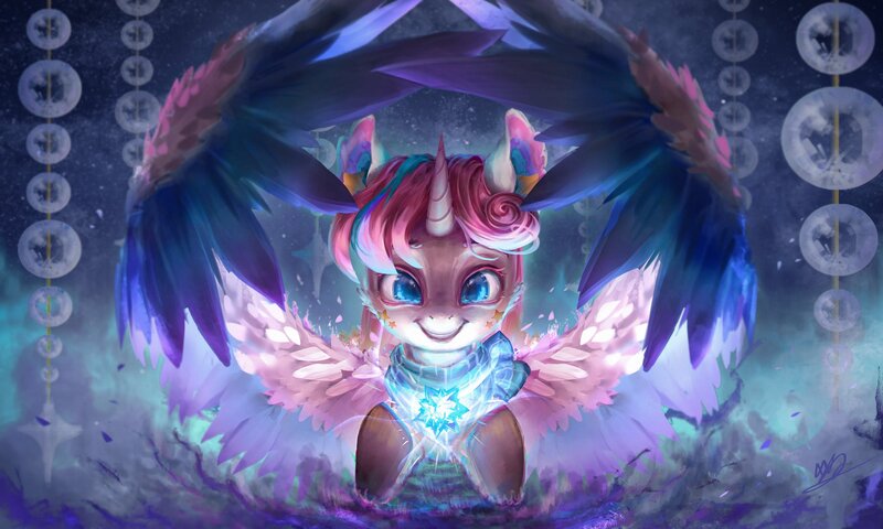 Size: 2048x1229 | Tagged: safe, artist:xyq, artist:xyq_nb, derpibooru import, princess flurry heart, alicorn, pony, bandana, clothes, commission, crystal heart, detailed, female, flying, folded wings, high res, image, jpeg, mare, solo, wings