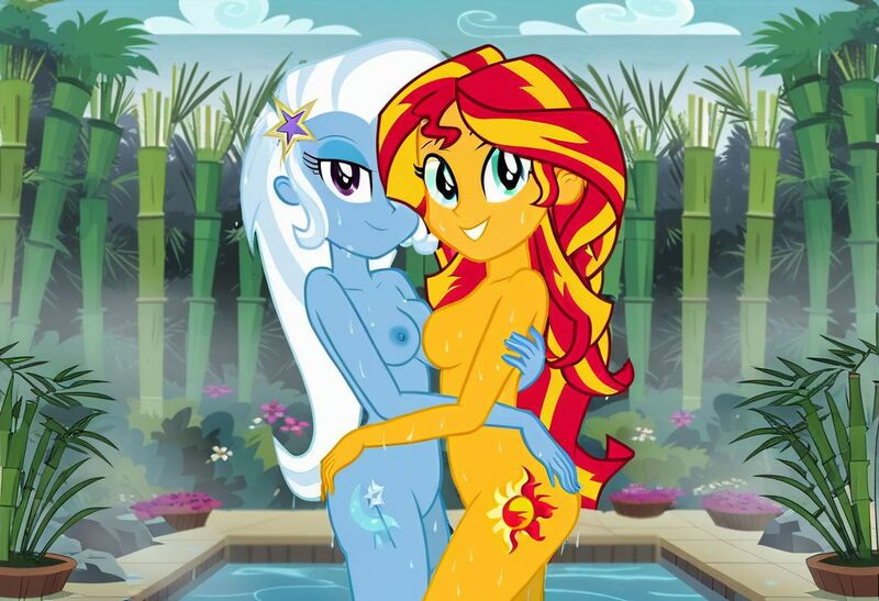 Size: 1216x832 | Tagged: questionable, ai content, machine learning generated, stable diffusion, sunset shimmer, trixie, human, equestria girls, bamboo, busty sunset shimmer, busty trixie, butt touch, embracing, exhibitionism, female, flirty, hand on butt, hot tub, image, in love, inviting, jpeg, lesbian, lesbian couple, nudity, oasis, plants, sauna, seductive pose, sexy, shipping, smiling, standing, suntrix, symmetrical docking, wet bodies, wet hair