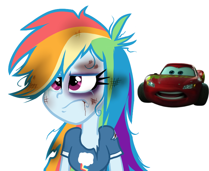 Size: 693x567 | Tagged: dead source, semi-grimdark, artist:wubcakeva, derpibooru import, rainbow dash, equestria girls, abuse, angry, black eye, blood, breasts, cars (pixar), cars 3, clothes, dashabuse, g4, image, imported from derpibooru, lightning mcqueen, lightning mcrage, png, this will not end well, torn clothes, yelling