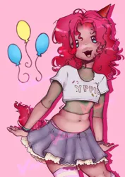 Size: 1241x1754 | Tagged: safe, artist:xenerenel, derpibooru import, pinkie pie, human, belly button, bracelet, clothes, dark skin, eared humanization, female, humanized, image, jewelry, jpeg, midriff, open mouth, pink background, shirt, simple background, skirt, socks, solo, stockings, striped socks, t-shirt, thigh highs, wristband