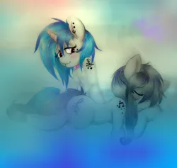 Size: 1024x969 | Tagged: safe, artist:tilly-towell, derpibooru import, octavia melody, vinyl scratch, earth pony, pony, unicorn, blushing, bowtie, duo, ear piercing, female, g4, horn, image, jpeg, lesbian, piercing, scratchtavia, shipping, sleeping, tattoo