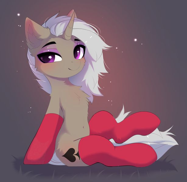 Size: 3648x3566 | Tagged: safe, artist:empress-twilight, derpibooru import, oc, oc:friday (exodust), unofficial characters only, pony, unicorn, chest fluff, clothes, commission, femboy, fluffy, gradient background, grey hair, horn, image, leaning back, lidded eyes, male, png, smiling, socks, solo, stallion, unicorn oc, ych result