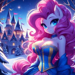 Size: 1024x1024 | Tagged: suggestive, ai content, derpibooru import, machine learning generated, prompter:glimmy-glam, pinkie pie, anthro, banner, big breasts, blushing, breasts, busty pinkie pie, castle, choker, cleavage, clothes, cold, corset, dress, g4, generator:dall-e 3, image, jpeg, long hair, looking at you, night, off shoulder, smiling, smiling at you, snow, stars, tree, winter