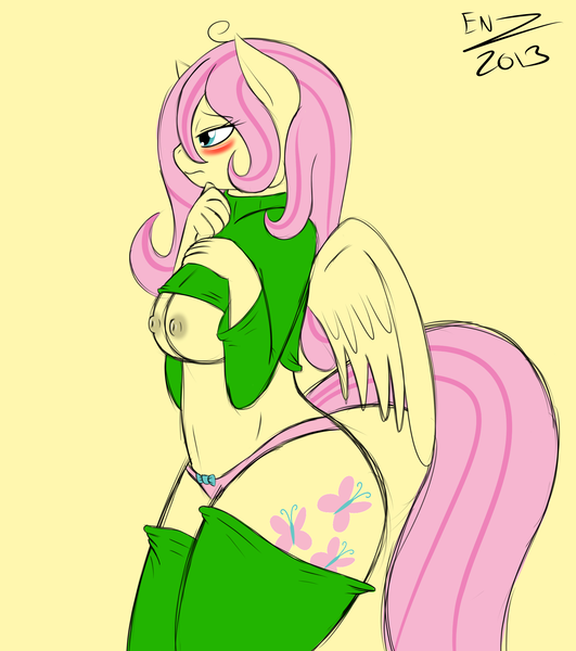 Size: 1769x2000 | Tagged: questionable, artist:ensayne, derpibooru import, fluttershy, anthro, blushing, breasts, busty fluttershy, clothes, female, g4, image, nipples, nudity, panties, png, ribbon, solo, solo female, underwear