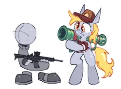 Size: 1119x824 | Tagged: safe, artist:mihar34, derpibooru import, derpy hooves, pegasus, pony, bipedal, blonde mane, blonde tail, clothes, derp, duo, duo male and female, female, floating limbs, g4, gun, hoof hold, image, madness combat, mailmare, male, newgrounds, png, rocket launcher, simple background, standing on two hooves, sweater, tail, turtleneck, uniform, uniform hat, weapon, white background