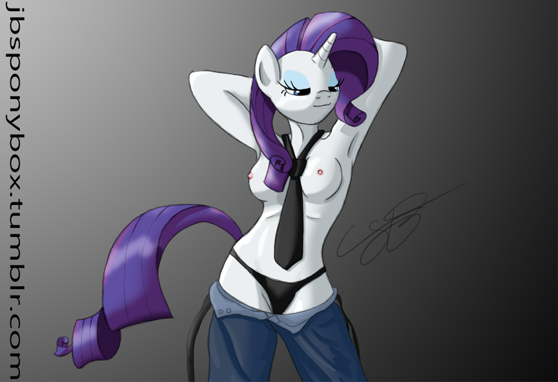 Size: 1237x848 | Tagged: questionable, artist:jbsponybox, derpibooru import, rarity, anthro, unicorn, arm behind head, belt, clothes, horn, image, necktie, nipples, nudity, panties, pants, partial nudity, png, signature, topless, underwear, undressing, url