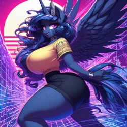 Size: 1024x1024 | Tagged: safe, ai content, derpibooru import, machine learning generated, princess luna, anthro, abstract background, adorasexy, big breasts, breasts, busty princess luna, butt, clothes, curvy, cute, egyptian, female, g4, hourglass figure, huge breasts, huge butt, image, impossibly thin waist, large butt, looking at you, looking back, looking back at you, moonbutt, png, prompter:horselover fat, running, sexy, shirt, shorts, side view, sideboob, solo, stupid sexy princess luna, synthwave, the ass was fat, thighs, thunder thighs