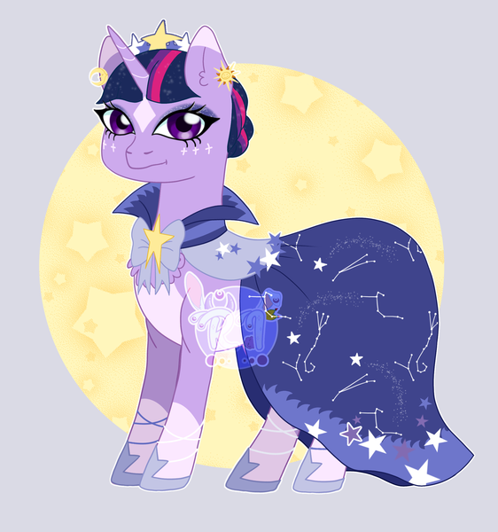 Size: 2164x2310 | Tagged: safe, artist:ponyrasmeii, derpibooru import, twilight sparkle, pony, unicorn, suited for success, the best night ever, chest fluff, clothes, coat markings, constellation dress, dress, ear piercing, earring, eyeshadow, g4, gala dress, hair bun, horn, image, jewelry, makeup, nextgen:rasmeiiverse, piercing, png, redesign, simple background, socks (coat marking), solo, stars, tiara, underbelly, watermark