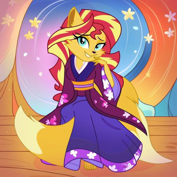 Size: 1024x1024 | Tagged: safe, ai content, derpibooru import, machine learning generated, sunset shimmer, anthro, fox, clothes, foxified, human to anthro, image, jpeg, kimono (clothing), kitsune, smiling, species swap