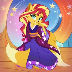 Size: 1024x1024 | Tagged: safe, ai content, derpibooru import, machine learning generated, sunset shimmer, anthro, fox, clothes, foxified, human to anthro, image, jpeg, kimono (clothing), kitsune, smiling, species swap