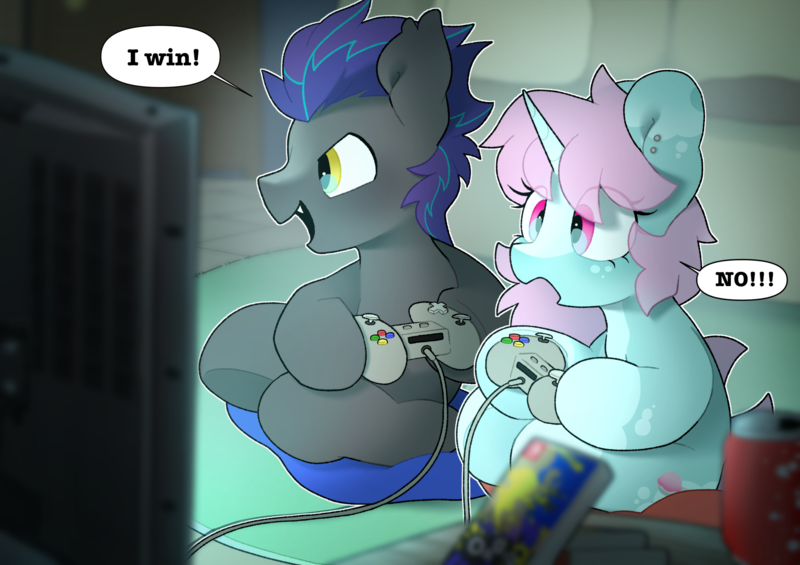 Size: 1920x1357 | Tagged: safe, artist:mochi_nation, derpibooru import, oc, oc:helios aster, oc:scoops, bat pony, pony, unicorn, commission, controller, cute, horn, image, png, ych result