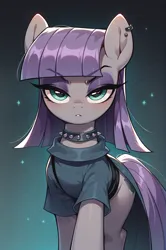 Size: 1832x2760 | Tagged: safe, ai content, derpibooru import, machine learning generated, prompter:kuporosso, maud pie, earth pony, pony, collar, ear piercing, eyebrows, eyebrows visible through hair, female, g4, image, lidded eyes, looking at you, mare, piercing, png, simple background, solo, spiked collar