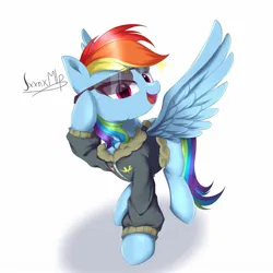 Size: 1700x1700 | Tagged: safe, artist:jxxnxmlp, derpibooru import, rainbow dash, pegasus, pony, bomber jacket, clothes, female, g4, image, jacket, jpeg, mare, open mouth, open smile, signature, simple background, smiling, solo, spread wings, sunglasses, wings
