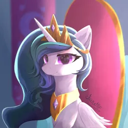 Size: 2000x2000 | Tagged: safe, artist:jxxnxmlp, derpibooru import, princess celestia, alicorn, pony, bust, female, g4, image, jpeg, mare, peytral, portrait, signature, smiling, solo, throne, throne room