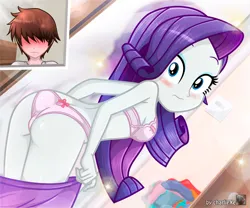 Size: 1461x1217 | Tagged: suggestive, artist:charliexe, derpibooru import, rarity, oc, human, equestria girls, 2d, blushing, bra, breasts, butt, clothes, eyeshadow, female, g4, human oc, image, indoors, jpeg, laundry, legs, looking at you, looking back, makeup, male, panties, ribbon, sideboob, skirt, underwear