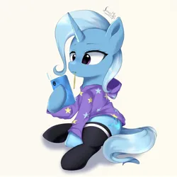 Size: 2000x2000 | Tagged: safe, artist:jxxnxmlp, derpibooru import, trixie, pony, unicorn, clothes, equestria girls outfit, female, g4, hoodie, hoof hold, horn, image, jpeg, mare, mobile phone, phone, signature, simple background, sitting, smartphone, socks, solo