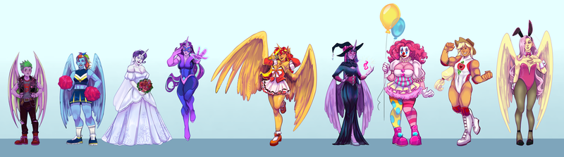 Size: 8505x2376 | Tagged: safe, artist:artbysarf, derpibooru import, applejack, fluttershy, pinkie pie, rainbow dash, rarity, spike, starlight glimmer, sunset shimmer, twilight sparkle, human, applejacked, balloon, bride, bunny suit, cheerleader, cheerleader outfit, clothes, clown, commission, diverse body types, dress, female, horn, horned humanization, humanized, image, line-up, magic, male, mane seven, mane six, muscles, playboy bunny, png, pony coloring, sailor moon (series), sailor senshi, singer, superhero, superhero costume, wedding dress, winged humanization, wings, witch, witch costume, wrestler