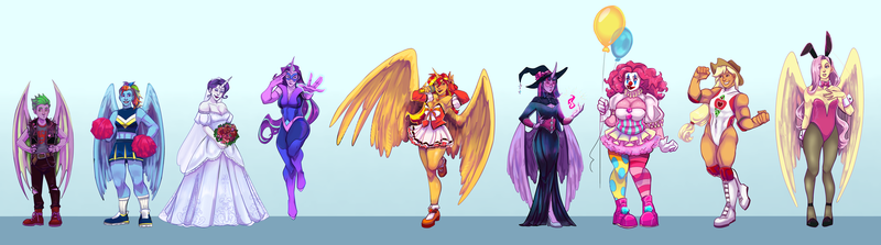 Size: 8505x2376 | Tagged: safe, artist:artbysarf, derpibooru import, applejack, fluttershy, pinkie pie, rainbow dash, rarity, spike, starlight glimmer, sunset shimmer, twilight sparkle, human, applejacked, balloon, bride, bunny suit, cheerleader, cheerleader outfit, clothes, clown, commission, diverse body types, dress, female, horn, horned humanization, humanized, image, line-up, magic, male, mane seven, mane six, muscles, playboy bunny, playboy bunny fluttershy, png, pony coloring, sailor moon (series), sailor senshi, singer, superhero, superhero costume, wedding dress, winged humanization, wings, witch, witch costume, wrestler