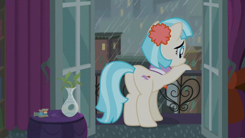 Size: 1600x900 | Tagged: safe, artist:devfield, derpibooru import, coco pommel, earth pony, pony, animated, balcony, book, bookshelf, building, butt, city, cityscape, clothes, coco's apartment, complex background, curtains, door, doorway, eye shimmer, female, flower, gif, hatbutt, i can't believe it's not hasbro studios, image, leaning, manehattan, mare, night, plant, rain, rainbow thread, raised leg, rear view, sad, shadow, solo, thread, vase, wind, window