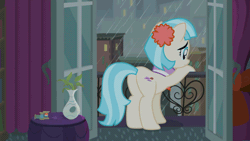 Size: 1600x900 | Tagged: safe, artist:devfield, derpibooru import, coco pommel, earth pony, pony, animated, balcony, book, bookshelf, building, butt, city, cityscape, clothes, coco's apartment, complex background, curtains, door, doorway, eye shimmer, female, flower, gif, hatbutt, i can't believe it's not hasbro studios, image, leaning, manehattan, mare, night, plant, rain, rainbow thread, raised leg, rear view, sad, shadow, solo, thread, vase, wind, window