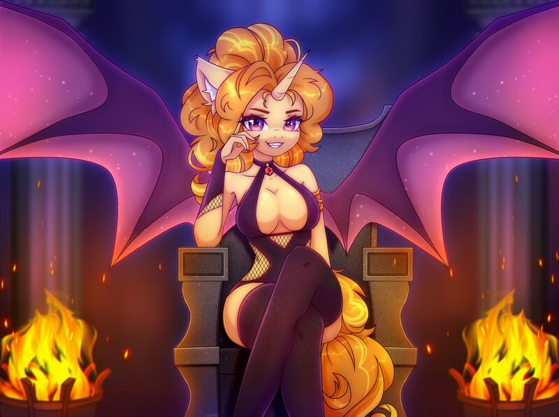 Size: 1280x954 | Tagged: suggestive, artist:blooming-heather, derpibooru import, adagio dazzle, anthro, demon, unicorn, bat wings, breasts, busty adagio dazzle, clothes, commission, crossed legs, evil grin, female, fire, gem, grin, horn, image, jpeg, leotard, looking at you, siren gem, smiling, solo, solo female, spread wings, sultry pose, throne, wings
