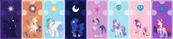 Size: 3625x822 | Tagged: safe, artist:snowflakefrostyt, derpibooru import, princess amore, princess cadance, princess celestia, princess flurry heart, princess luna, twilight sparkle, twilight sparkle (alicorn), oc, oc:king cosmos, oc:queen galaxia, alicorn, pony, alicorn pentarchy, concave belly, crown, ethereal mane, ethereal tail, height difference, hoof shoes, image, jewelry, long mane, long tail, older, peytral, physique difference, png, princess shoes, regalia, slender, tail, tall, thin