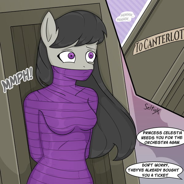 Size: 1500x1500 | Tagged: suggestive, artist:seltiox, derpibooru import, octavia melody, anthro, earth pony, pony, bdsm, bondage, bound, breasts, captured, crate, damsel in distress, dialogue, dialogue box, digital art, female, g4, gag, helpless, image, kidnapped, mare, muffled words, mummification, mummified, package, peril, png, restrained, ribbon, skintight, solo, solo female, tape, tape bondage, tied up, wrapped up