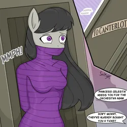 Size: 1500x1500 | Tagged: suggestive, artist:seltiox, derpibooru import, octavia melody, anthro, earth pony, pony, bdsm, bondage, bound, breasts, captured, crate, damsel in distress, dialogue, dialogue box, digital art, female, g4, gag, helpless, image, kidnapped, mare, muffled words, mummification, mummified, package, peril, png, restrained, ribbon, skintight, solo, solo female, tape, tape bondage, tied up, wrapped up