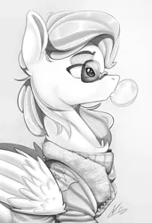 Size: 860x1256 | Tagged: safe, artist:velya_34, derpibooru import, spitfire, pegasus, pony, unicorn, blowing bubbles, clothes, female, food, glasses, grayscale, gum, horn, image, mare, monochrome, png, side view, sketch, solo, sunglasses, wonderbolts