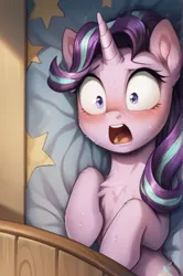 Size: 360x542 | Tagged: safe, ai content, anonymous prompter, derpibooru import, generator:bluefox mix, machine learning generated, stable diffusion, starlight glimmer, pony, unicorn, :o, blushing, chest fluff, derpibooru exclusive, female, g4, gasp, horn, image, mare, open mouth, png, shocked, shrunken pupils, solo, surprised, sweat, wide eyes