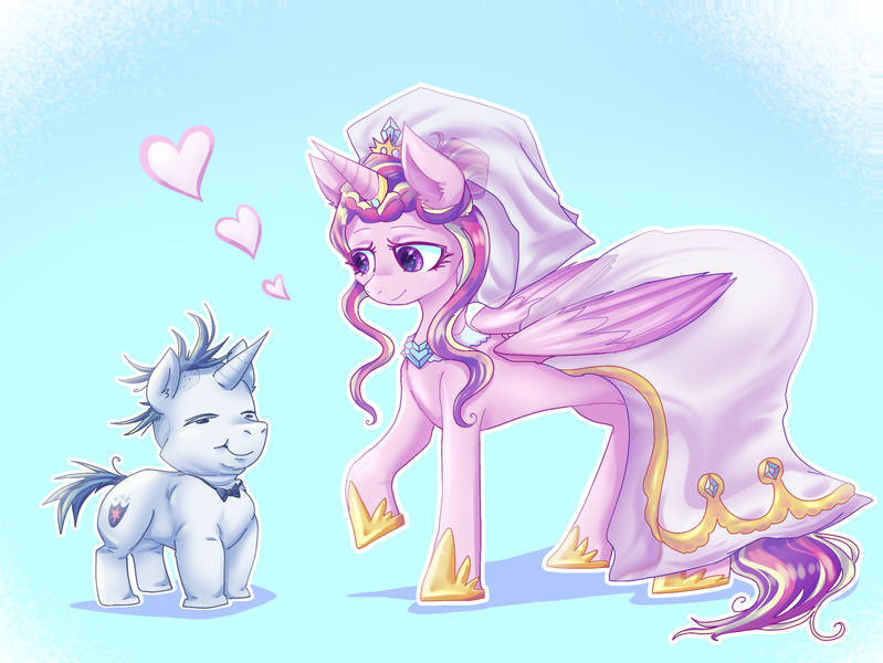 Size: 2286x1717 | Tagged: safe, artist:pikachu0205, derpibooru import, princess cadance, shining armor, alicorn, pony, unicorn, clothes, dress, duo, female, heart, horn, image, male, mare, meme, png, ship:shiningcadance, shipping, size difference, smiling, stallion, straight, the bride and the ugly ass groom, toy interpretation, wedding dress