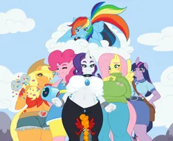 Size: 1500x1224 | Tagged: safe, artist:sheela, derpibooru import, applejack, fluttershy, pinkie pie, rainbow dash, rarity, twilight sparkle, oc, anthro, applebucking thighs, belly button, big breasts, breasts, busty applejack, busty fluttershy, busty rarity, busty twilight sparkle, clothes, dress, female, front knot midriff, giantess, huge breasts, image, jpeg, low angle, macro, mane six, midriff, size difference, skirt, sweater, sweatershy