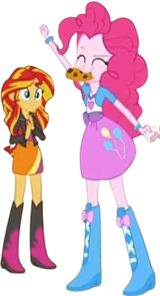 Size: 1363x2520 | Tagged: safe, derpibooru import, editor:homersimpson1983, pinkie pie, sunset shimmer, human, equestria girls, cookie, duo, duo female, female, food, g4, image, png