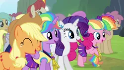 Size: 1200x675 | Tagged: safe, derpibooru import, screencap, applejack, cool star, daisy, derpy hooves, dizzy twister, flower wishes, merry may, orange swirl, parasol, pinkie pie, rarity, starburst (character), sunshower raindrops, twilight sparkle, twilight sparkle (alicorn), alicorn, pony, rainbow falls, background pony, cheerleader, cheerleader outfit, cheerleader pinkie, cheerleader sparkle, clothes, g4, image, jpeg, pom pom, skirt